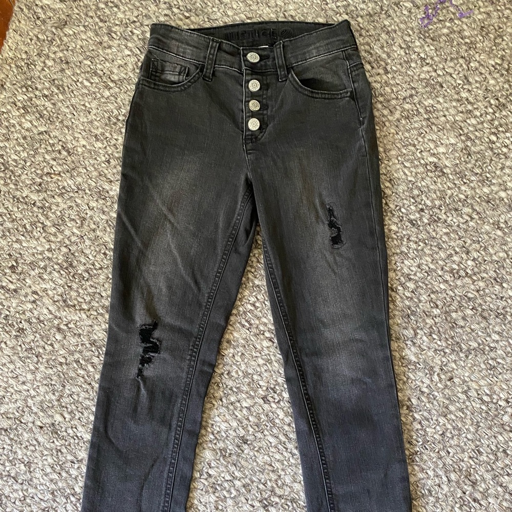 Justice high-waisted skinny jeans with button-fly, size 10 girl.